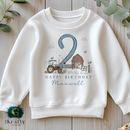 Personalised Farm Birthday Blue T-Shirt or Sweatshirt – Any Age, Custom Name