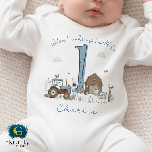 1st Birthday - When I Wake Up - Blue Farm Animals Design