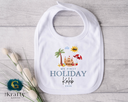 My First Holiday Blue Sandcastle - T-Shirt - Vest - Sleepsuit Romper - Sweater