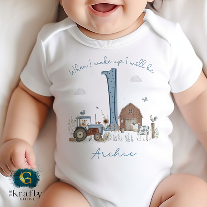 1st Birthday - When I Wake Up - Blue Farm Animals Design