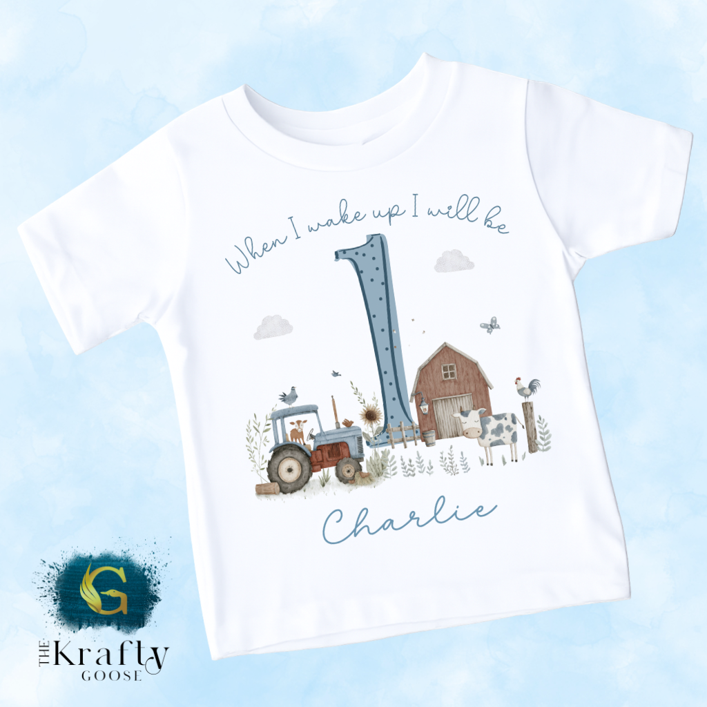 1st Birthday - When I Wake Up - Blue Farm Animals Design