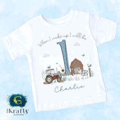 1st Birthday - When I Wake Up - Blue Farm Animals Design