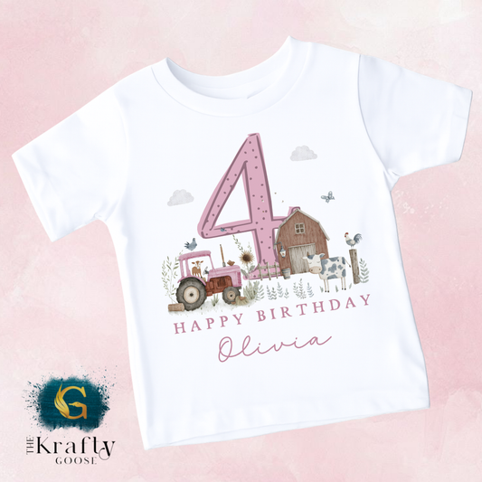 Personalised Farm Birthday Pink T-Shirt or Sweatshirt – Any Age, Custom Name
