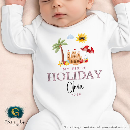 My First Holiday Pink Sandcastle - T-Shirt - Vest - Sleepsuit Romper - Sweater
