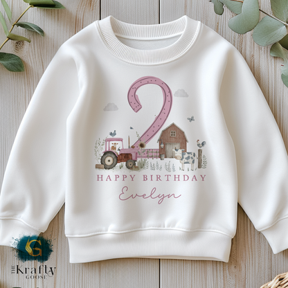 Personalised Farm Birthday Pink T-Shirt or Sweatshirt – Any Age, Custom Name