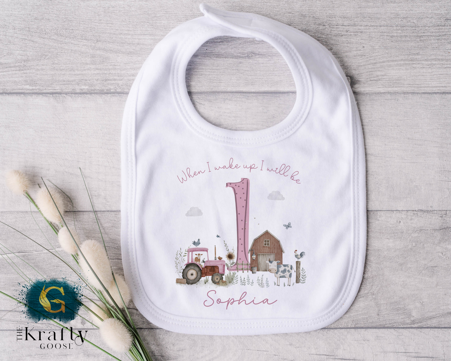 1st Birthday - When I Wake Up - Pink Farm Animals Design