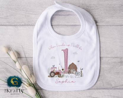1st Birthday - When I Wake Up - Pink Farm Animals Design