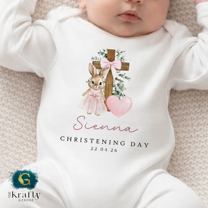 Christening Outfit Pink Bunny Cross - Sleepsuit Romper - Vest - Bib