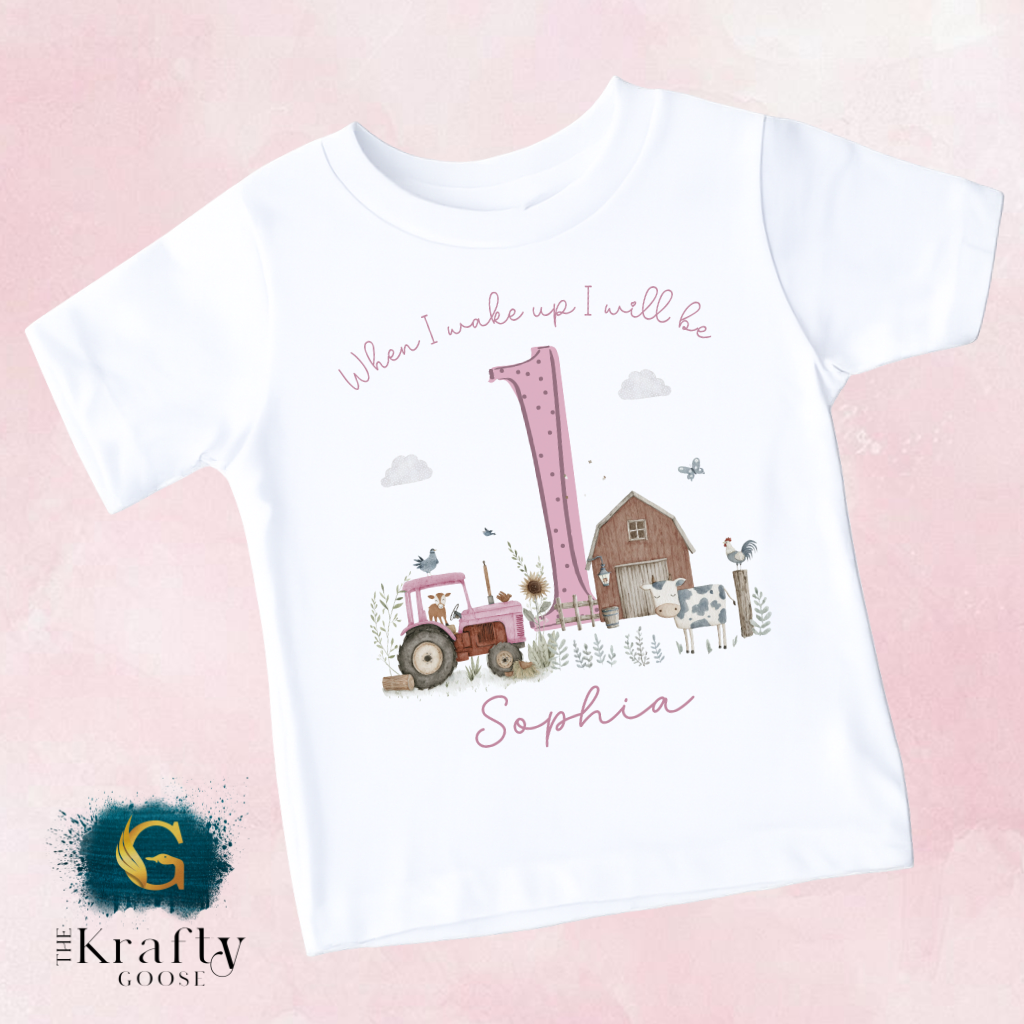 1st Birthday - When I Wake Up - Pink Farm Animals Design