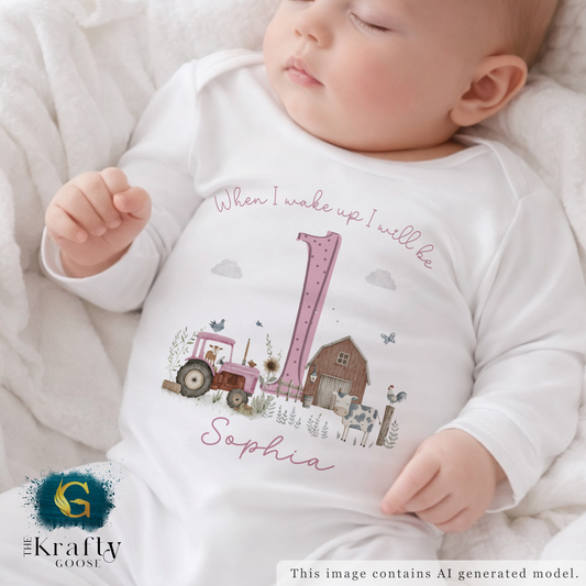 1st Birthday - When I Wake Up - Pink Farm Animals Design