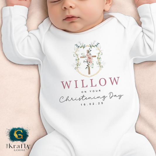 Christening Outfit Pink Wreath Cross - Sleepsuit Romper - Vest - Bib