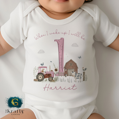 1st Birthday - When I Wake Up - Pink Farm Animals Design