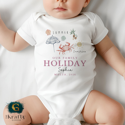 Our Family Holiday - Pink Design - T-Shirt - Vest - Sleepsuit Romper - Bib