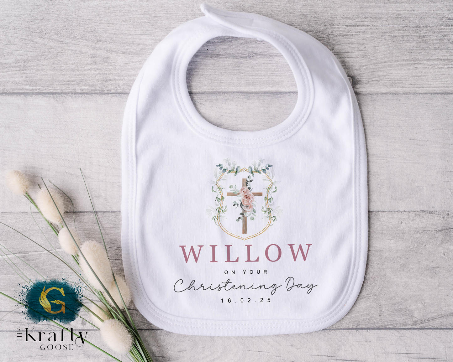 Christening Outfit Pink Wreath Cross - Sleepsuit Romper - Vest - Bib