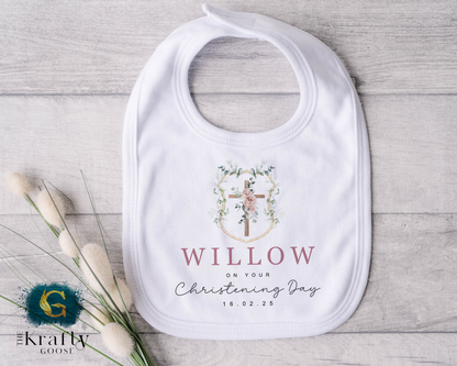 Christening Outfit Pink Wreath Cross - Sleepsuit Romper - Vest - Bib