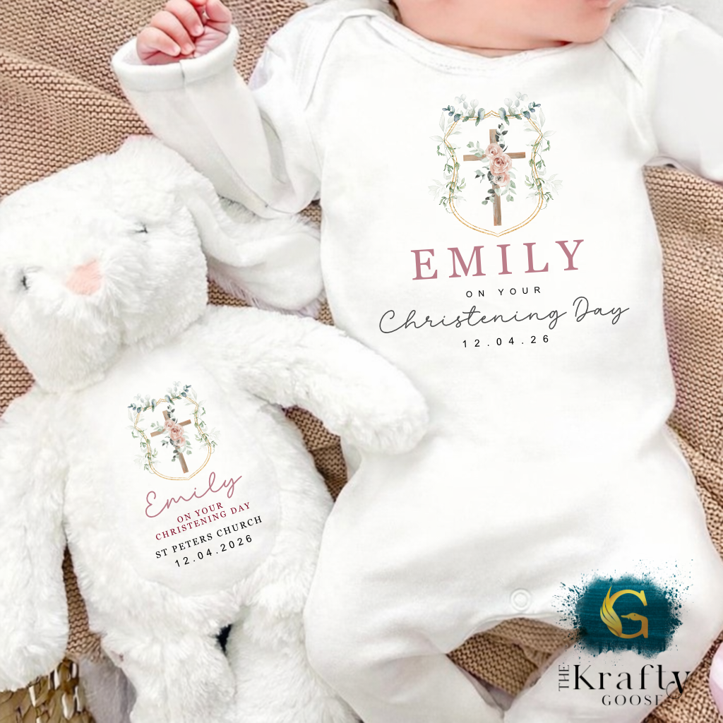 Christening Outfit Pink Wreath Cross - Sleepsuit Romper - Vest - Bib