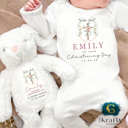 Christening Outfit Pink Wreath Cross - Sleepsuit Romper - Vest - Bib