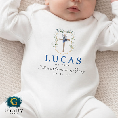 Christening Outfit Blue Wreath Cross - Sleepsuit Romper - Vest - Bib