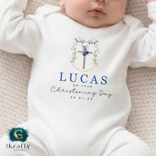 Christening Outfit Blue Wreath Cross - Sleepsuit Romper - Vest - Bib