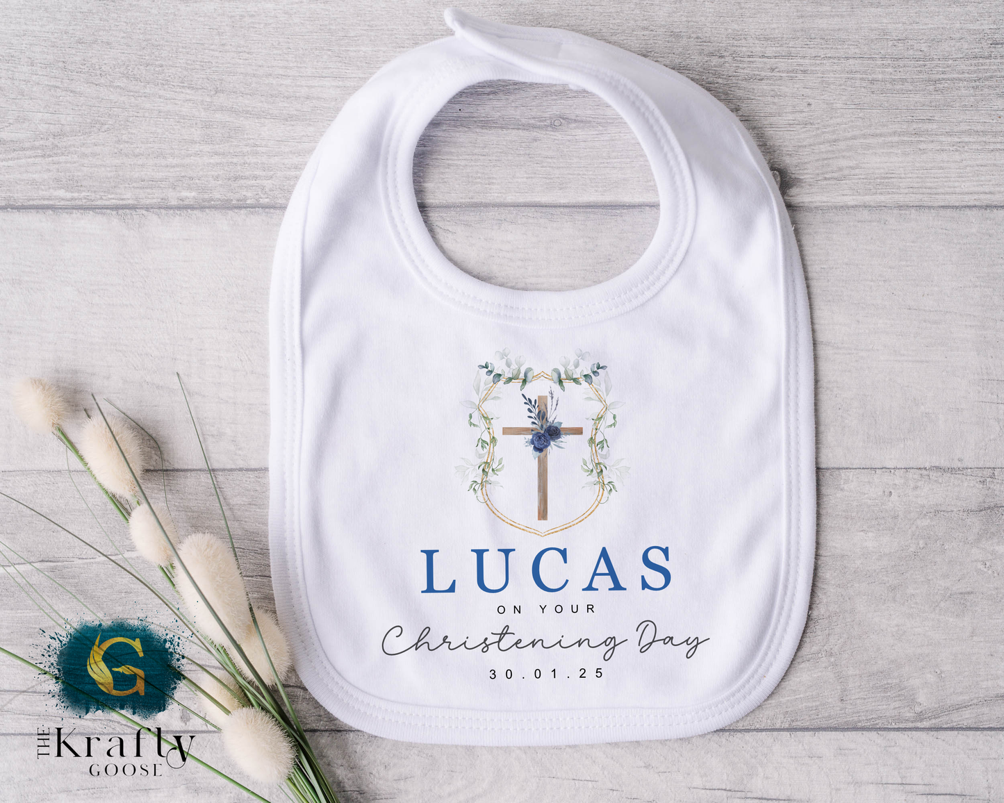 Christening Outfit Blue Wreath Cross - Sleepsuit Romper - Vest - Bib