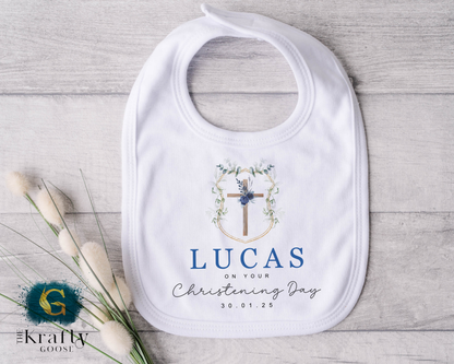 Christening Outfit Blue Wreath Cross - Sleepsuit Romper - Vest - Bib
