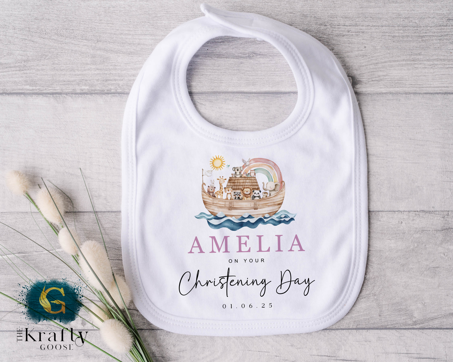 Noah's Ark Pink Christening Outfit - Sleepsuit Romper - Vest - Bib