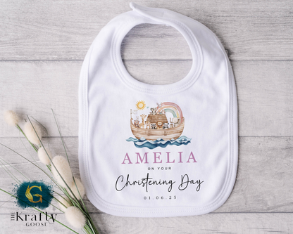 Noah's Ark Pink Christening Outfit - Sleepsuit Romper - Vest - Bib