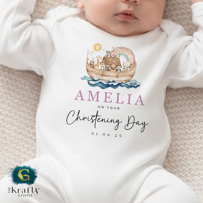Noah's Ark Pink Christening Outfit - Sleepsuit Romper - Vest - Bib