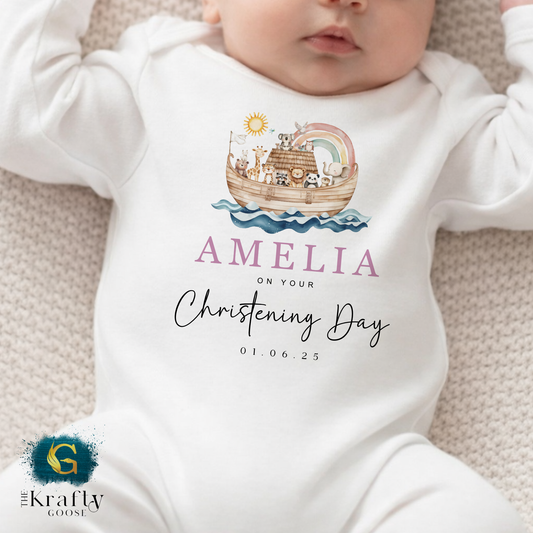Noah's Ark Pink Christening Outfit - Sleepsuit Romper - Vest - Bib