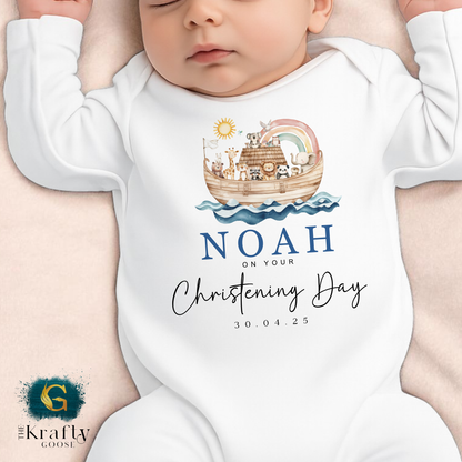 Noah's Ark Blue Christening Outfit - Sleepsuit Romper - Vest - Bib