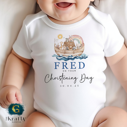 Noah's Ark Blue Christening Outfit - Sleepsuit Romper - Vest - Bib