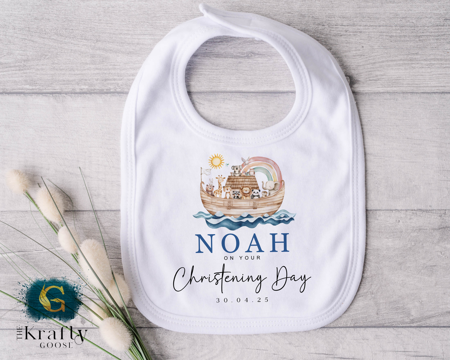 Noah's Ark Blue Christening Outfit - Sleepsuit Romper - Vest - Bib