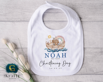 Noah's Ark Blue Christening Outfit - Sleepsuit Romper - Vest - Bib