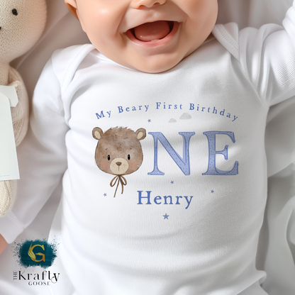 My Beary First Birthday - Blue Colour - Vest, Romper, Bib, T-Shirt or Sweatshirt