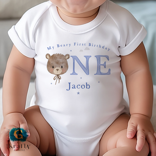 My Beary First Birthday - Blue Colour - Vest, Romper, Bib, T-Shirt or Sweatshirt
