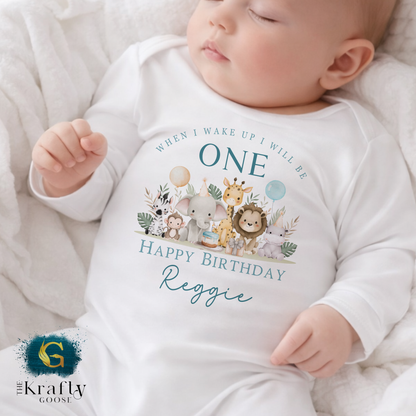 1st Birthday - When I Wake Up - Blue Safari Animals