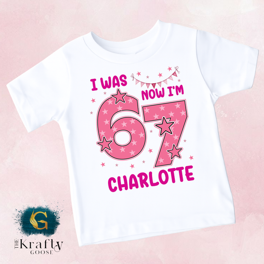 I Was 6 Now I'm 7 Birthday T-Shirt - Pink Star Design