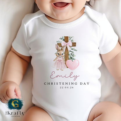 Christening Outfit Pink Bunny Cross - Sleepsuit Romper - Vest - Bib