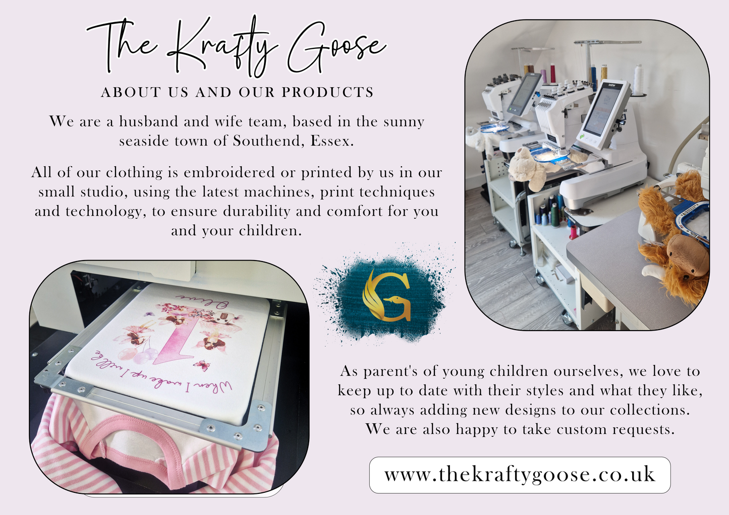 The image is a collage of three photos depicting a sewing studio, a teddy bear, and a t-shirt being printed.