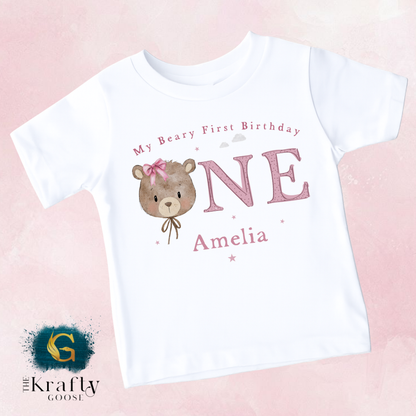 My Beary First Birthday - Pink Colour - Vest, Romper, Bib, T-Shirt or Sweatshirt