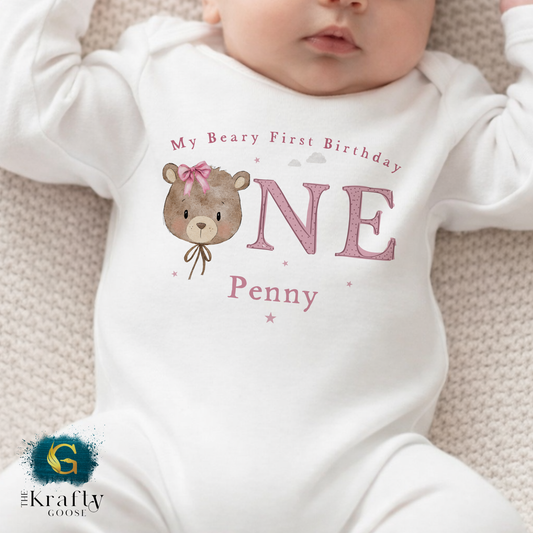 My Beary First Birthday - Pink Colour - Vest, Romper, Bib, T-Shirt or Sweatshirt