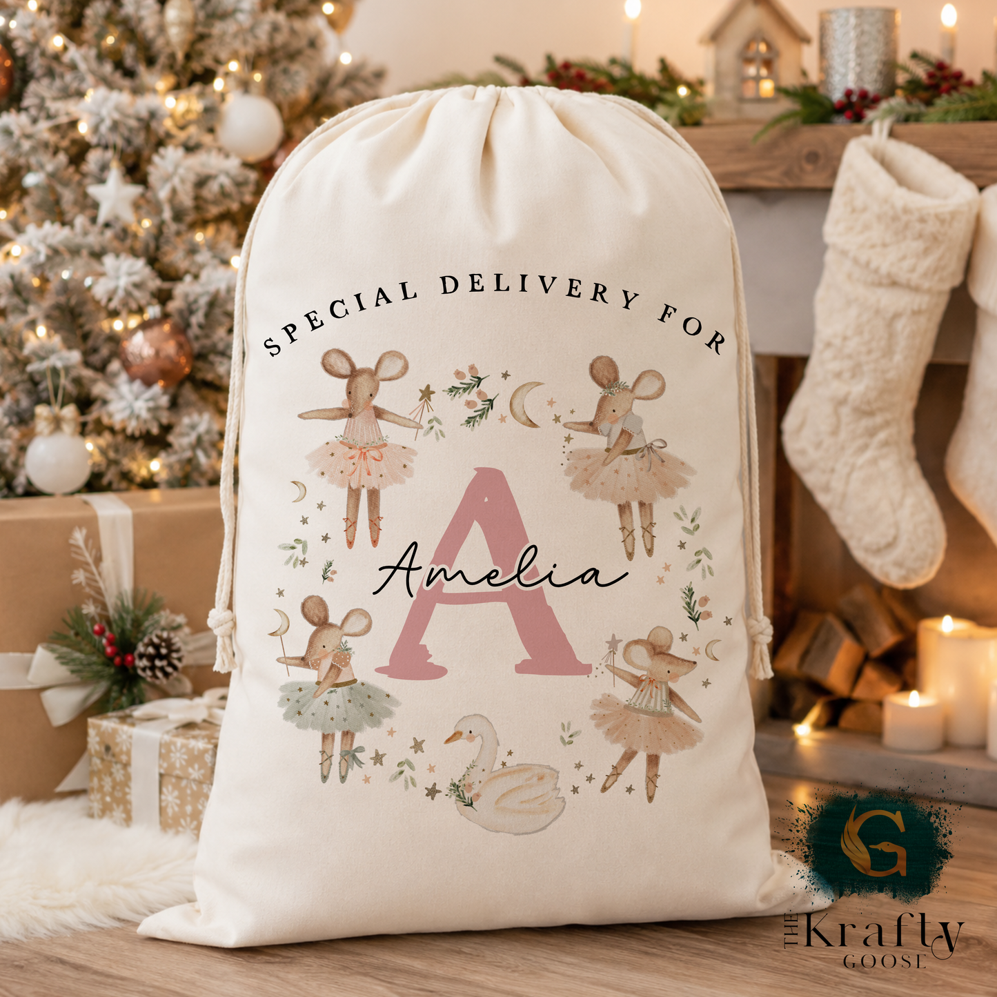 XL Luxury Santa Sack - Ballerina or Nutcracker Mouse Wreath Design