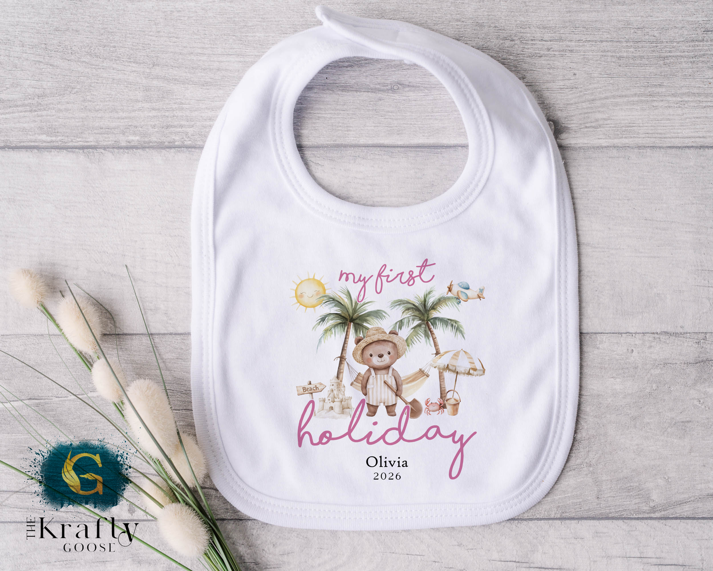 My First Holiday - Beach Bear - Pink - T-Shirt - Vest - Sleepsuit Romper - Sweater