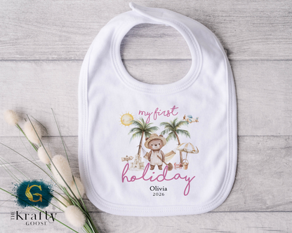 My First Holiday - Beach Bear - Pink - T-Shirt - Vest - Sleepsuit Romper - Sweater