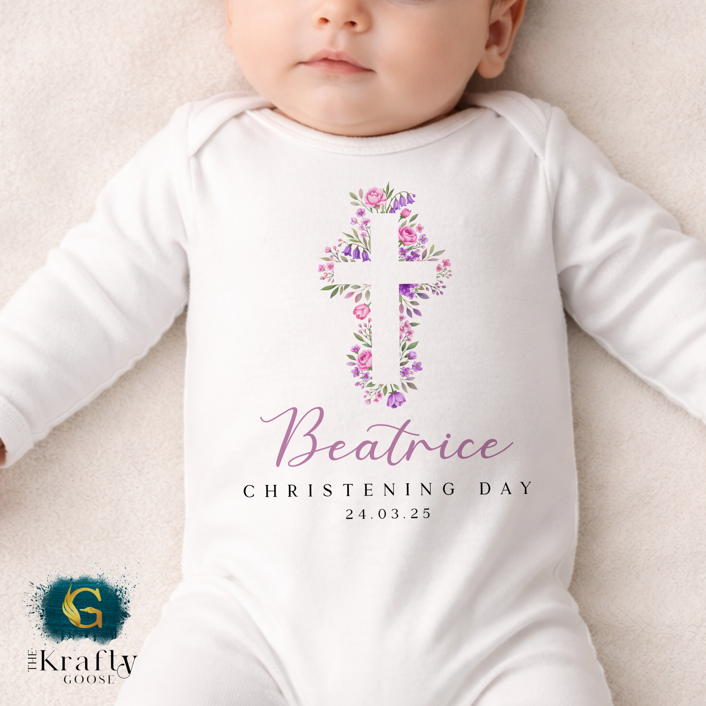 Christening Outfit Pink Purple Cross - Sleepsuit Romper - Vest - Bib