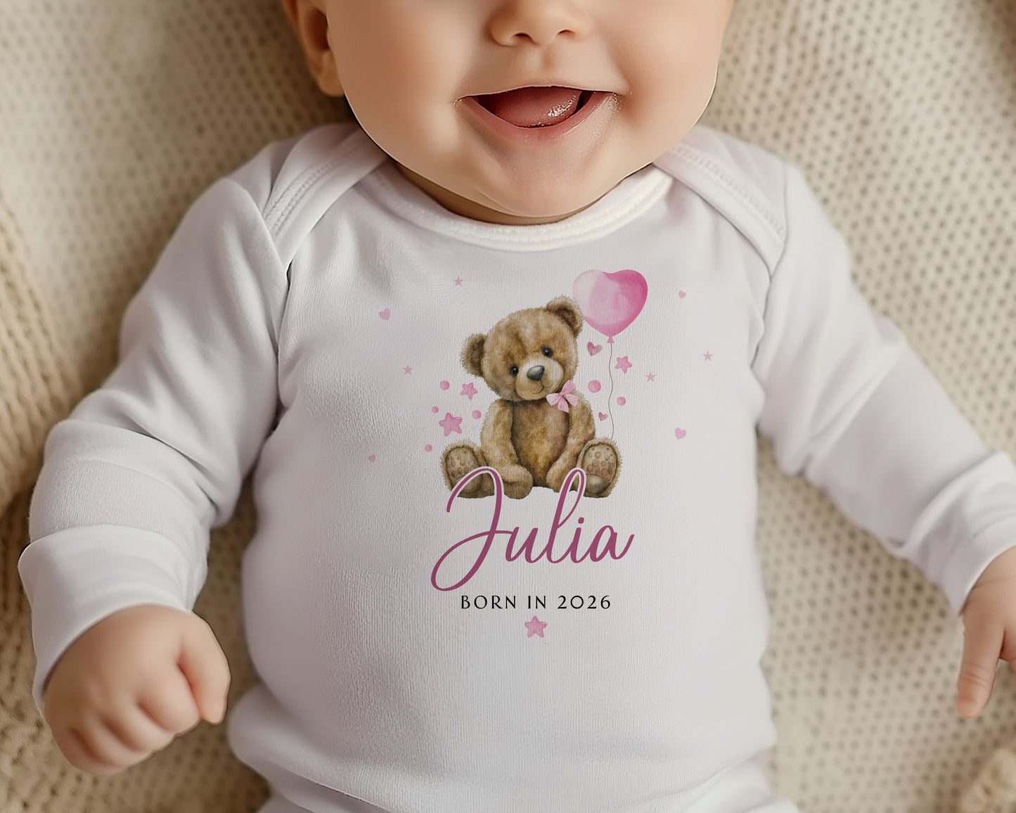 Born in 2026 - Pink Teddy Bear Balloon Design