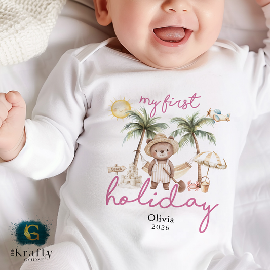 My First Holiday - Beach Bear - Pink - T-Shirt - Vest - Sleepsuit Romper - Sweater