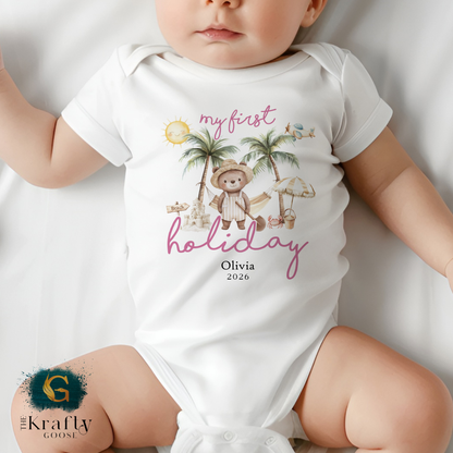 My First Holiday - Beach Bear - Pink - T-Shirt - Vest - Sleepsuit Romper - Sweater