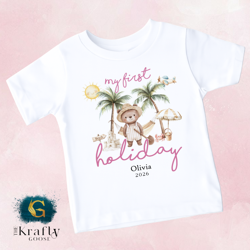 My First Holiday - Beach Bear - Pink - T-Shirt - Vest - Sleepsuit Romper - Sweater