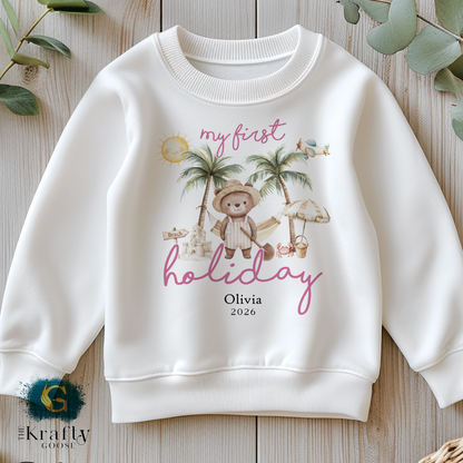 My First Holiday - Beach Bear - Pink - T-Shirt - Vest - Sleepsuit Romper - Sweater